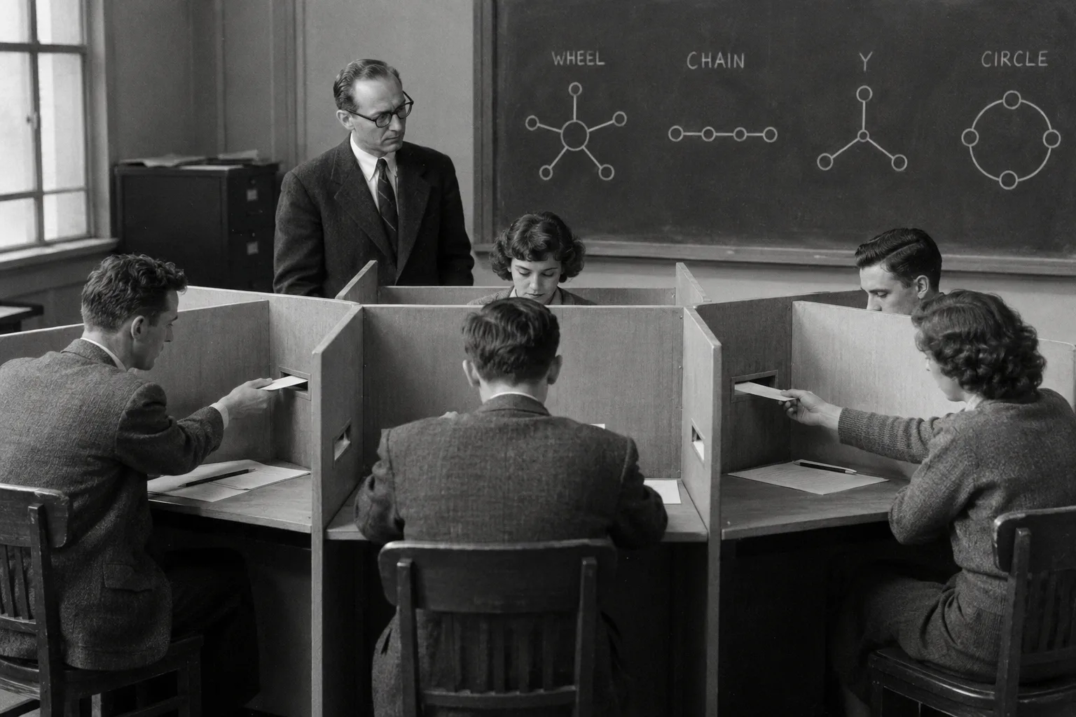 Illustration, not a photograph, of the Bavelas and Leavitt communication experiment at MIT around 1950. Five people sit in partitioned booths and pass written notes through slots while a researcher watches; the networks wheel, chain, Y and circle are drawn on the blackboard.