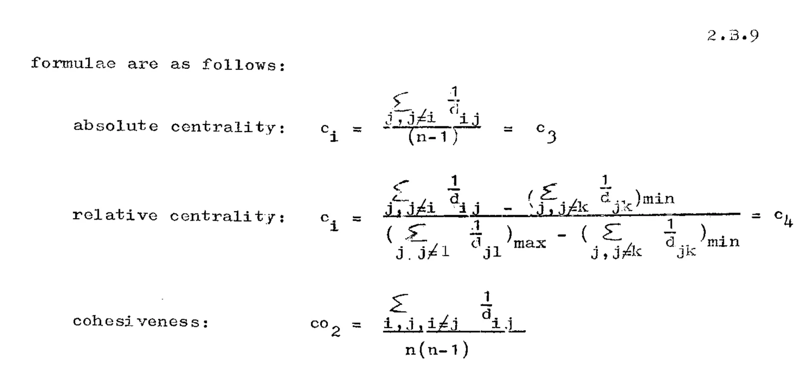 Typewritten page 2.B.9 of Gleditsch's 1968 thesis showing three formulas: absolute centrality, the sum over j of 1 divided by d sub i j, all divided by n minus 1; relative centrality; and cohesiveness, the sum of 1 over d sub i j divided by n times n minus 1.