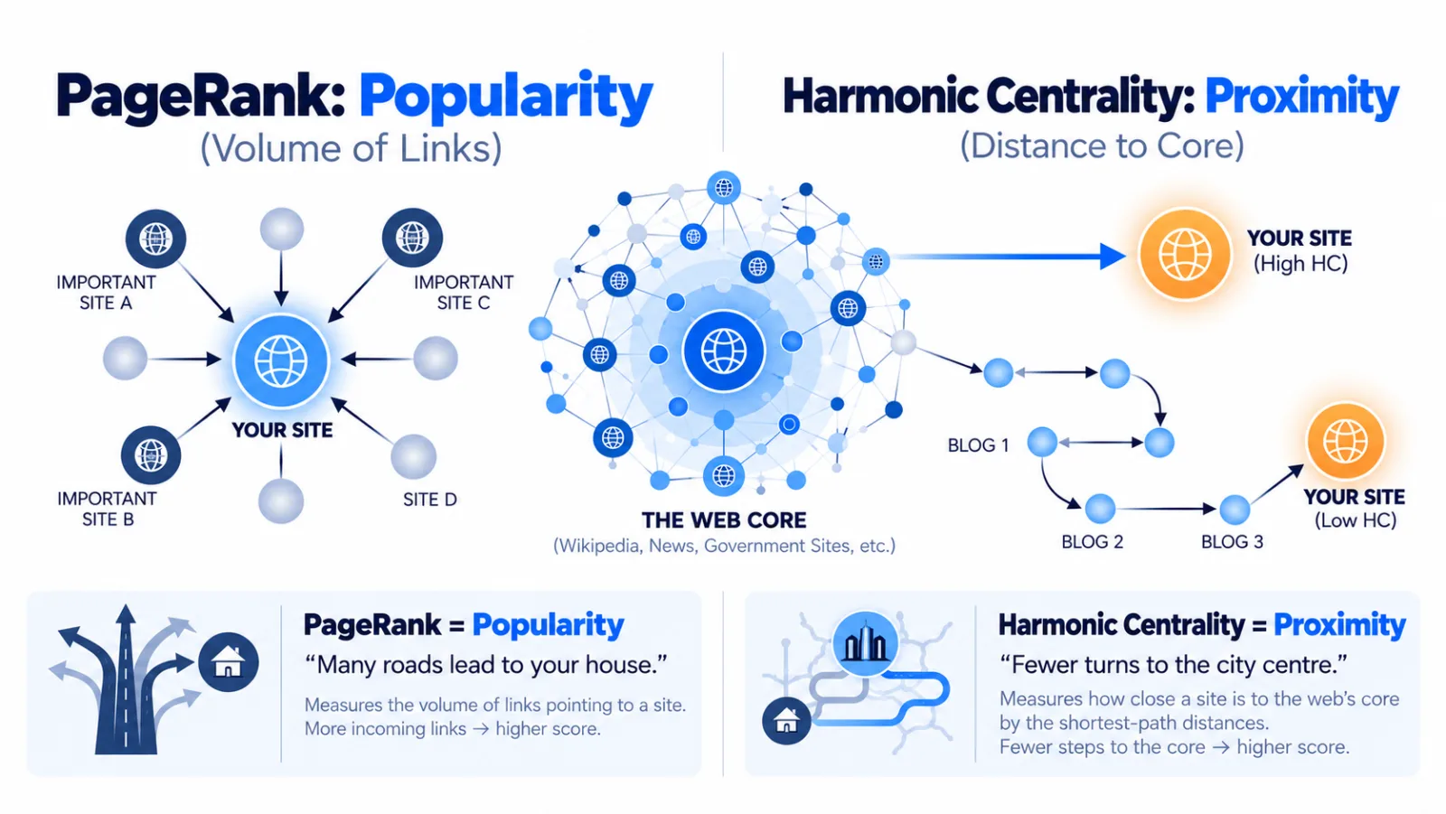 PageRank measures popularity, how many roads lead to your house. Harmonic centrality measures proximity, how few turns you are from the centre of the city.