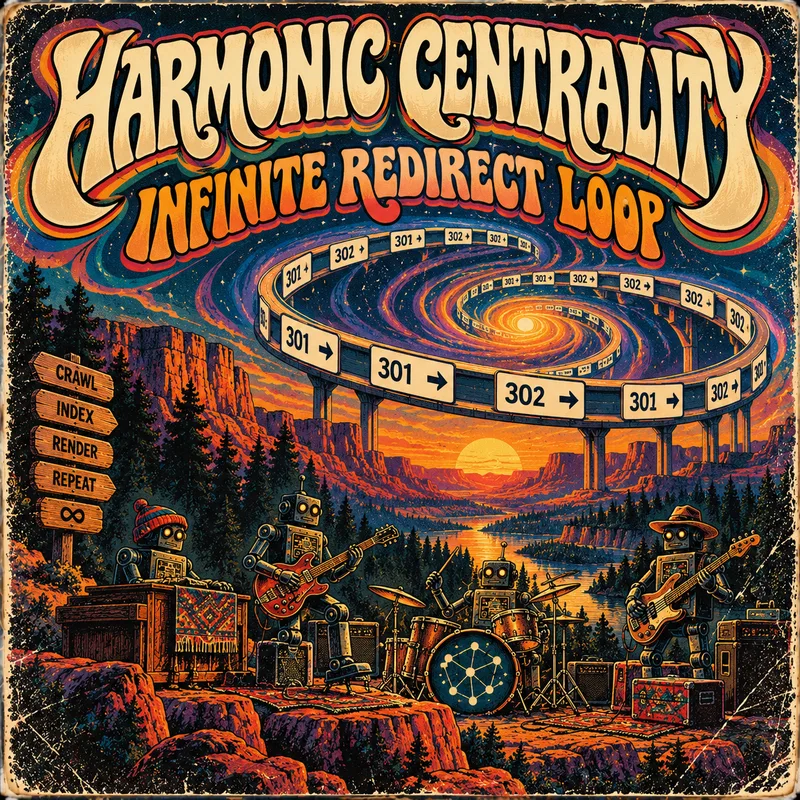 Psychedelic album cover reading Harmonic Centrality, Infinite Redirect Loop: four robots play keys, guitar, drums and bass on a canyon ledge at sunset under a looping overpass of 301 and 302 redirect signs, next to a signpost reading crawl, index, render, repeat, infinity.